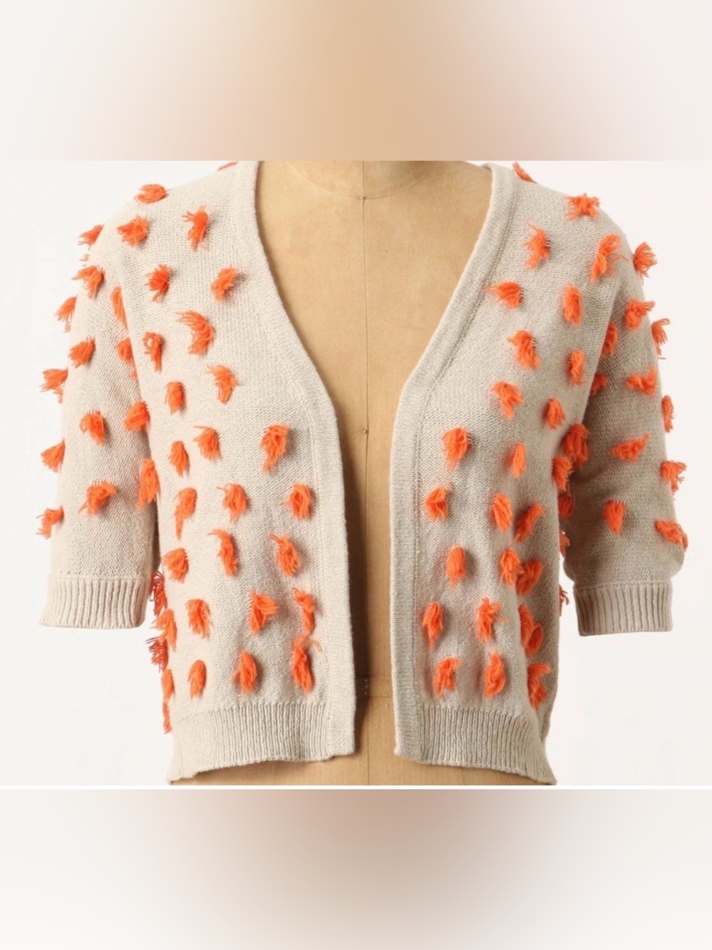 Anthropologie Sparrow Tufted Dots Beige/Orange Short-Sleeve Cardigan GUC XS